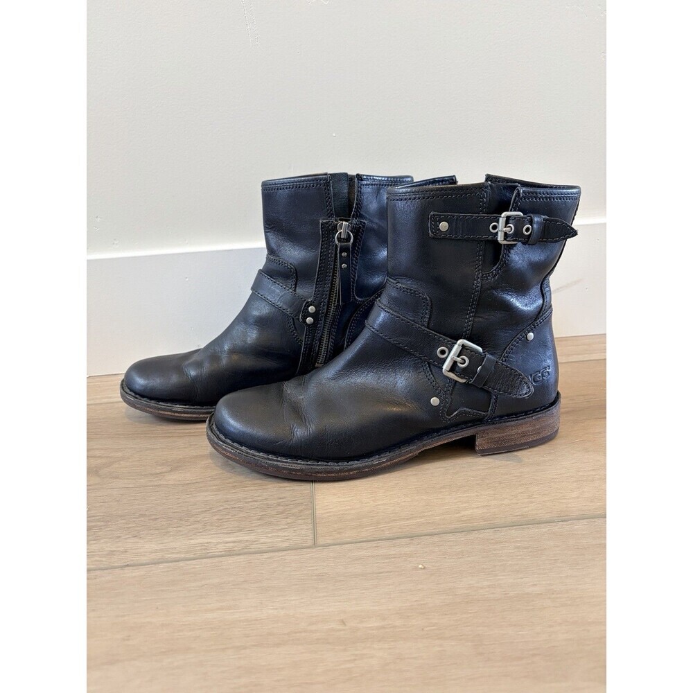 UGG Australia Women 9 1001661 Fabrizia Black Leather Moto Combat Boots